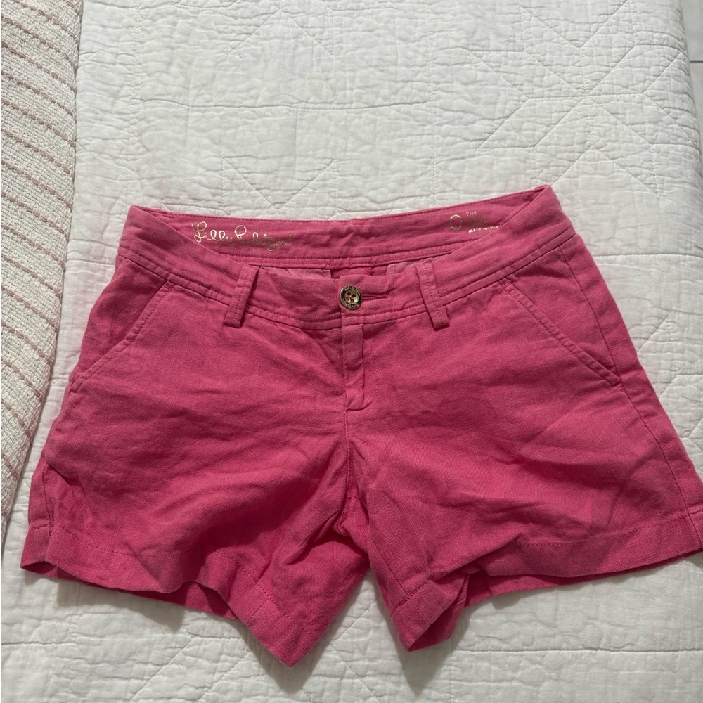Lilly Pulitzer 0 Calla Shorts Hot Pink Linen Resort Beach Summer Gold Button